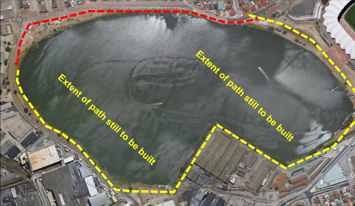 The existing path (red) and the extent of path still to be built around the lake (yellow)