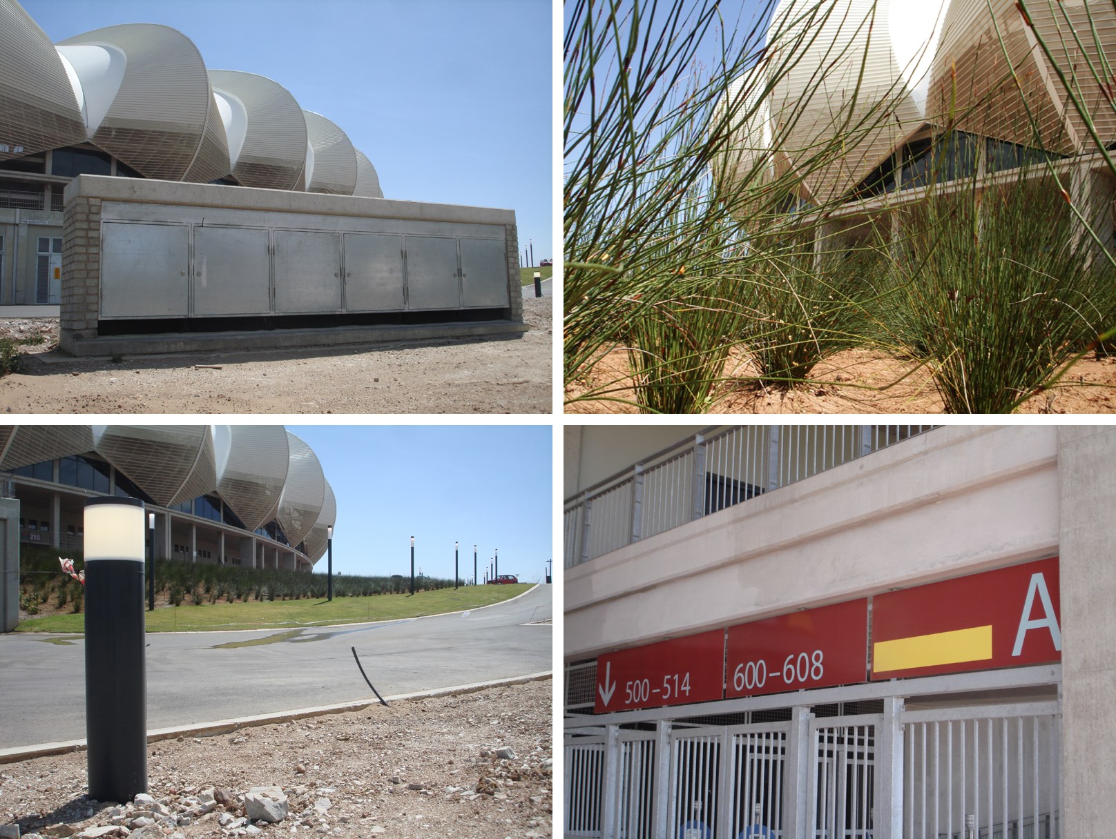 The stadium palette carried around the lake: kiosks, thatch reed planting, bollards and park signage