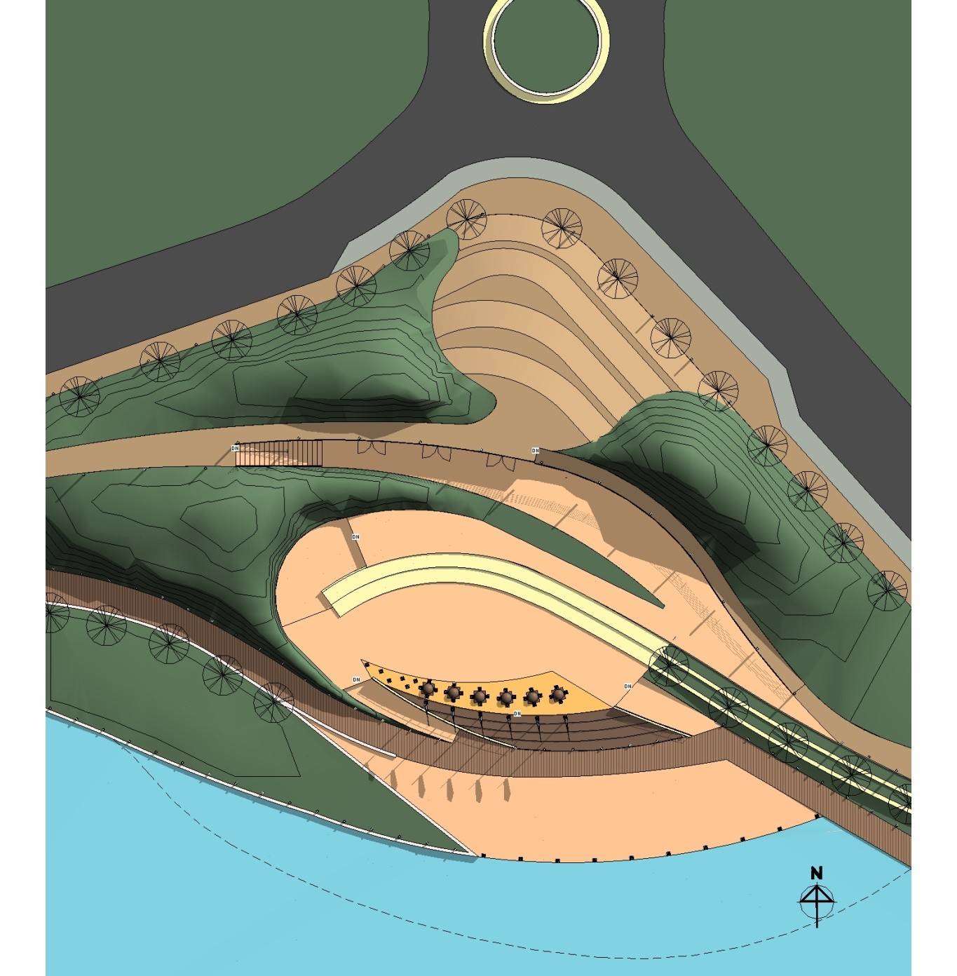 Proposed amphitheatre, restaurant and grassed dunes at the lake edge off Milner Avenue